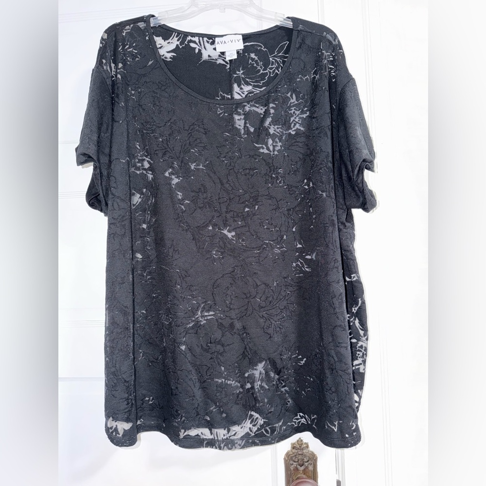 Sheer Black Chiffon Short Sleeve Textured Floral Blouse - Picture 3 of 6
